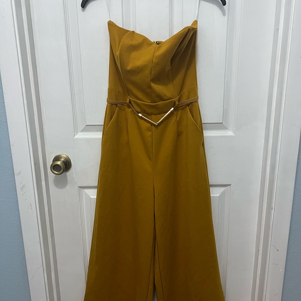 Have Strapless Mustard Yellow Wide-Leg Jumpsuit with V-Waist Accent